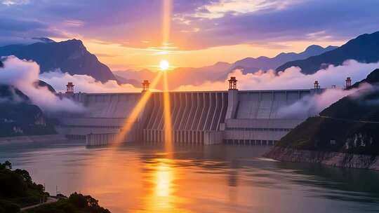 航拍云雾缭绕下的长江三峡大坝日出壮丽延时
