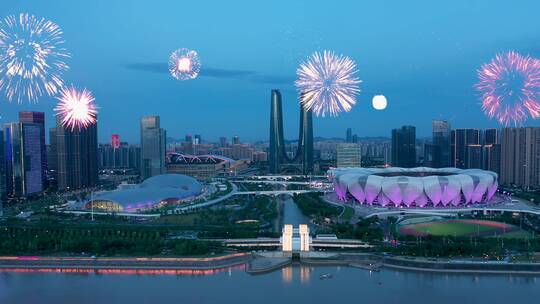 杭州奥体中心杭州之门烟花夜景航拍