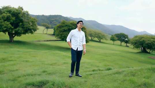 男子于草地眺望远方