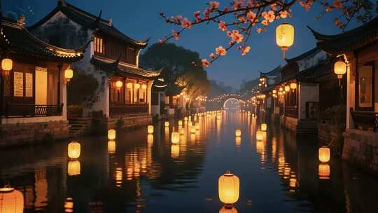 江南水乡古镇夜景灯笼