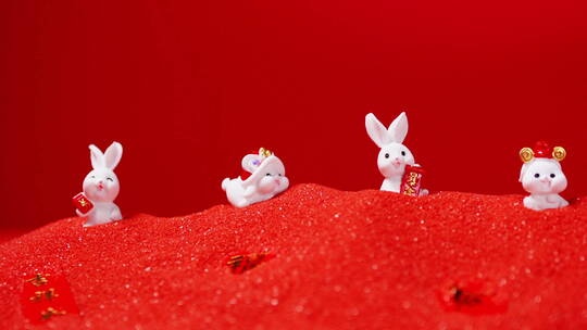 喜庆红沙上可爱兔玩具