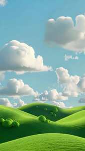 【竖屏】3D卡通蓝天白云和绿色山丘