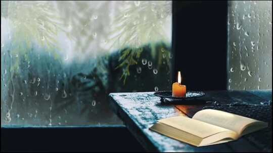 意境窗外雨景、窗台边的诗歌书本