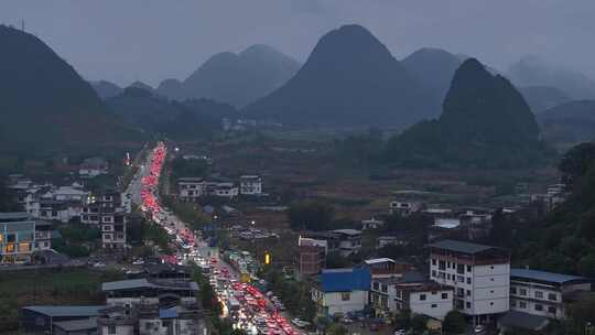 阳朔春节旅游旺季街道汽车拥堵航拍