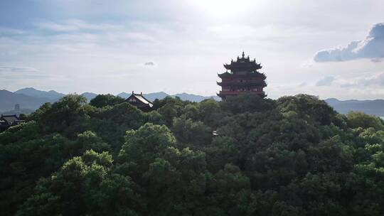 杭州西湖十景吴山天风城隍阁楼傍晚航拍