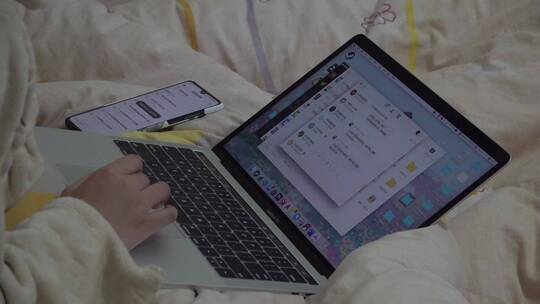 美女在床上用笔记本电脑办公