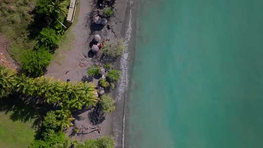 棕榈树和绿松石海浪飞溅的深色沙滩。圣克里斯托瓦尔的帕伦克海滩，