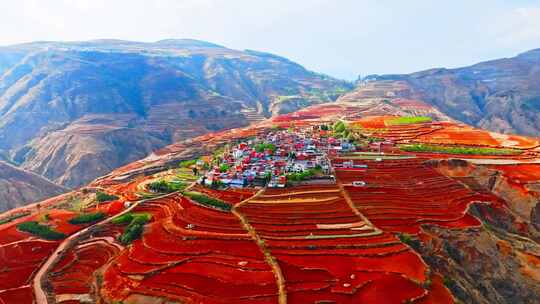 云南东川红土地落霞沟农村乡下红色山地航拍