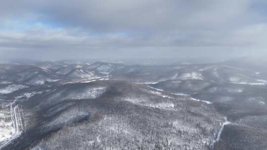 冷空气迷漫的寒冬山林雪景