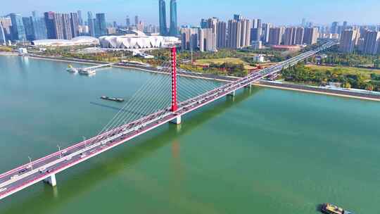 杭州钱塘江西兴大桥航拍车流交通城市风景风视频素材模板下载