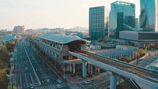 青岛世园会写字楼夕阳城市地铁航拍1