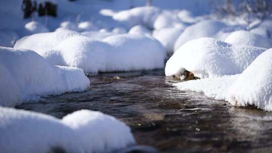 冬天雪地里的河流虚实焦转换特写