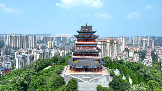 九江航拍九江市德化楼长江大桥城市清晨风景