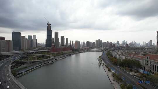 天津海河风景海津大桥城市交通风光航拍