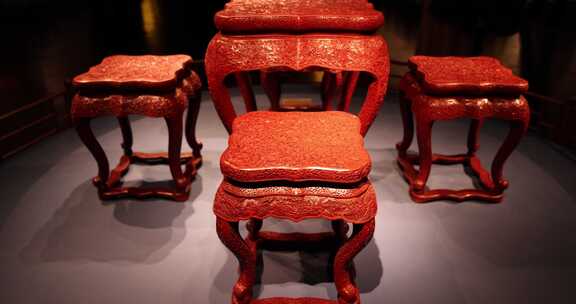 古代家具 清代剔红花卉纹方桌椅子凳子