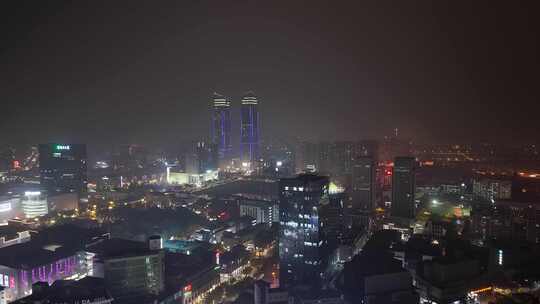 浙江湖州城市夜景航拍