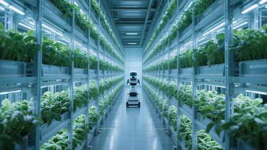现代化温室大棚内的机器人作业