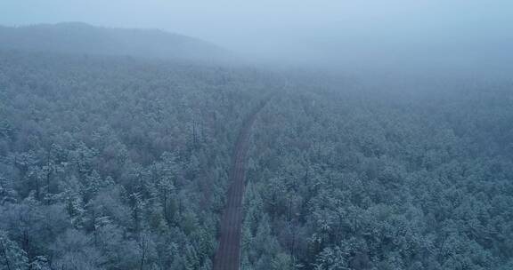 航拍大兴安岭极端天气降雪山林银装素裹