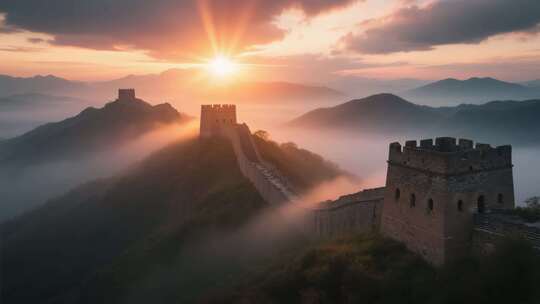 航拍云雾缭绕的壮美万里长城云海日出延时