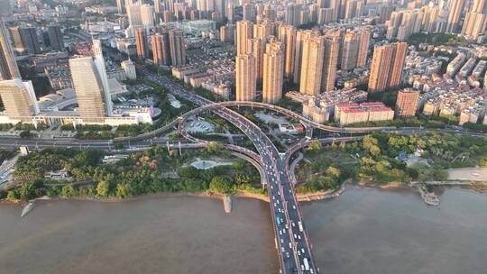 航拍福州闽江尤溪洲大桥道路江景