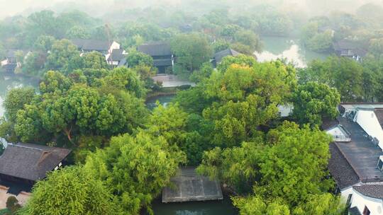 杭州西溪湿地公园初秋晨曦晨雾航拍