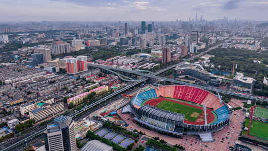 济南市中区山东省体育中心体育场航拍全景