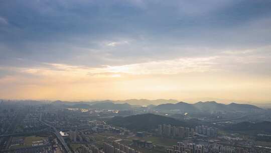 杭州萧山城市日出航拍延时