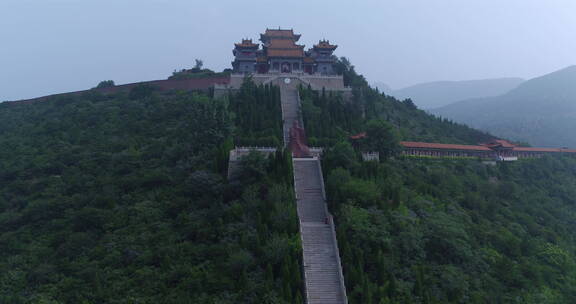 旅游景区 航拍廉颇庙 廉颇像远景 左侧 推