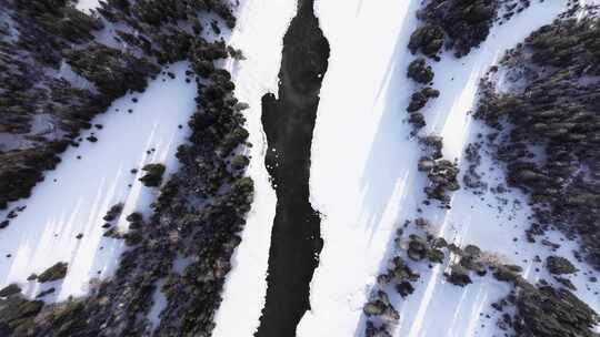 航拍新疆冬季喀纳斯神仙湾晨雾雪山森林雪景