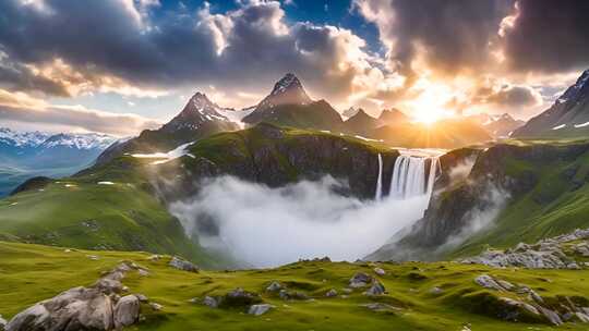 山间瀑布与壮丽山峦风景