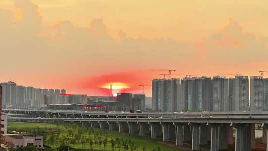 深圳中山翠亨新区深中大桥车流夜景日落航拍