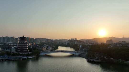 惠州合江楼航拍夕阳下的东江古城区旅游景点