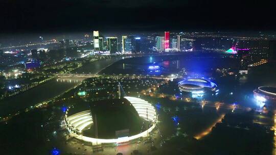 浙江义乌城市地标夜景风光 航拍