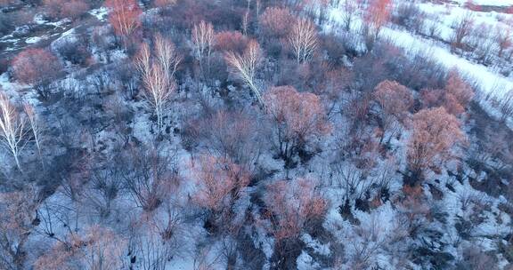 航拍大兴安岭早春雪原冰河红柳