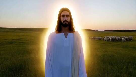 耶稣形象立于草原羊群前
