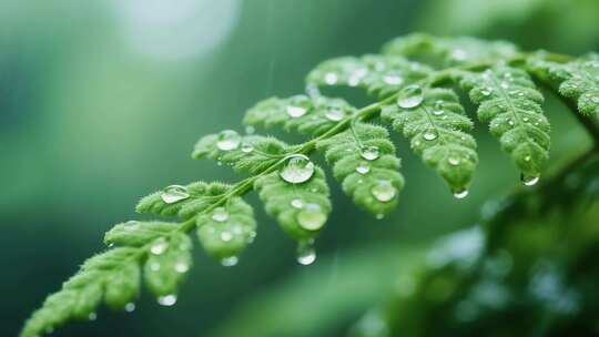 带水滴的绿色植物枝叶特写
