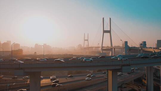 南浦大桥清晨航拍视频素材模板下载