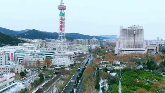 山东济南千佛山泉城公园济南电视塔航拍雪景视频素材模板下载