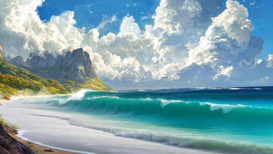 海岸线海浪拍打 沙滩美景蓝天白云海天一色