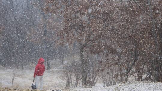 雪花纷飞的山路红衣行人视频素材模板下载