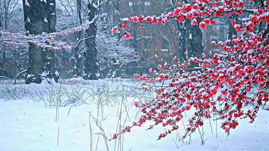 雪中盛开的红色梅花