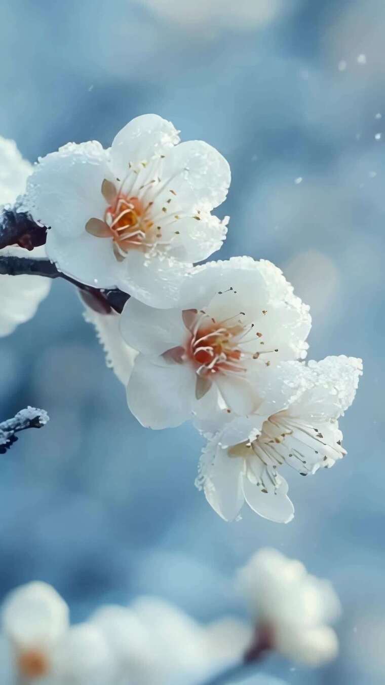4K冬天树枝花朵手机竖屏冬季雪景飘雪寒梅