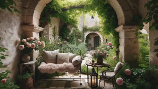 美丽的法式浪漫花园庭院阳台风景