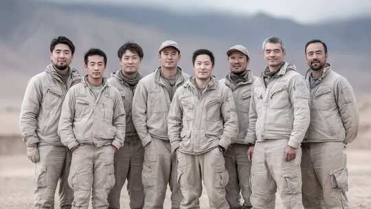 沙漠背景下身穿制服的亚洲团队面貌