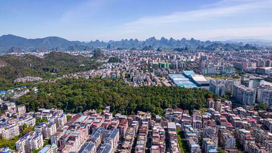 桂林城市风光眺望十万大山山峰航拍延时