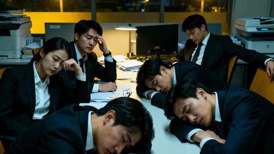 商务团队加班疲劳996职场压力场景