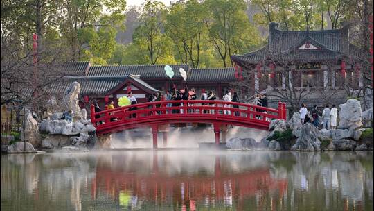 武汉东湖樱园过小桥的游客延时镜头