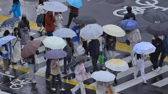 雨天街道路口斑马线人群过马路