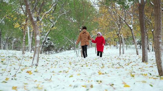 走在公园雪地里的中国母女形象视频素材模板下载