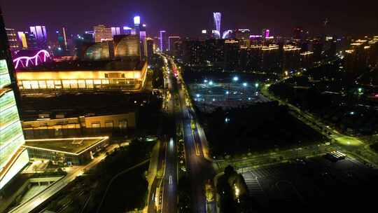 杭州滨江奥体中心奔竞大道车流夜晚夜景延时